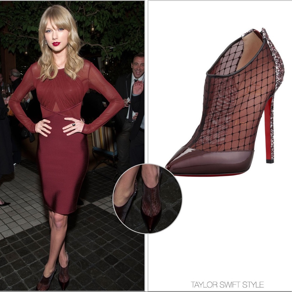 Christian Louboutin Fillette 100 Maroon Patent Mesh Glitter Heel Bootie 38/US 8